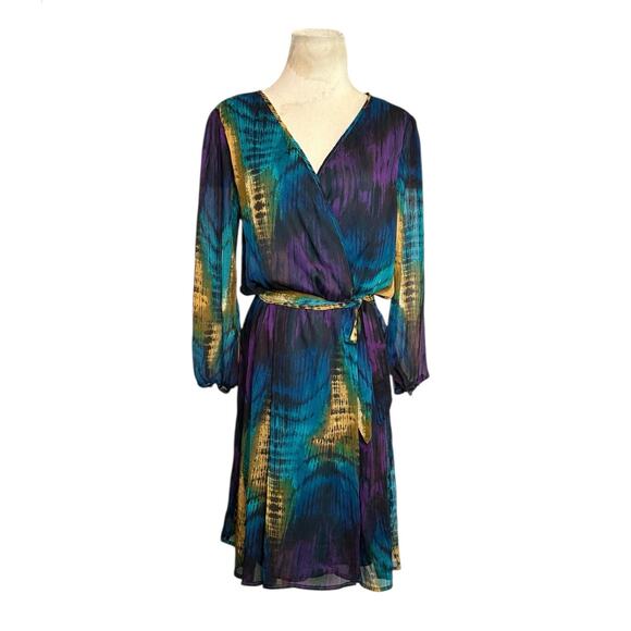 HĀLO purple yellow green 3/4 sleeves wrap dress size Medium - Picture 1 of 16
